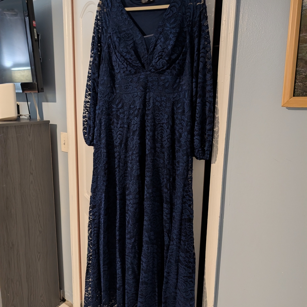 SHEIN Blue V-Neck Bishop Sleeve Gown